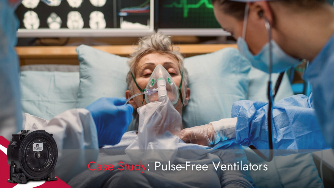 Woman on ventilator in hospital. 3000 Series pulse-free diaphragm pump and compressor is in the corner.